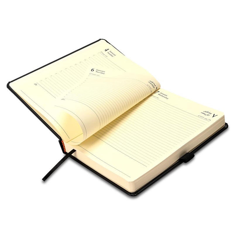 FIS 2026 A5 Diary, 148x210mm, 1 Side Padded Italian PU Cover, Round Corners, Elastic Band with Sliding Tag, Inside Pockets, Arabic/English, 70gsm Italian Ivory Paper, Black Cover - FSDI84AE26BK - Image 4