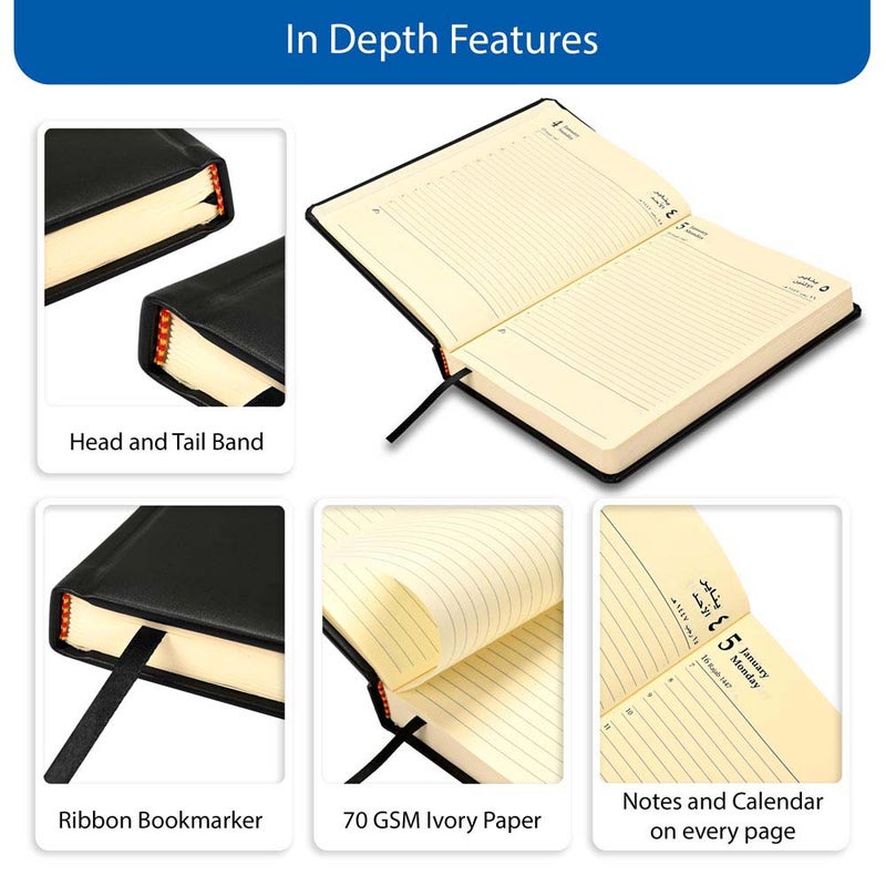 FIS 2026 A5 Diary, 148x210mm, 1 Side Padded Italian PU Cover, Round Corners, Elastic Band with Sliding Tag, Inside Pockets, Arabic/English, 70gsm Italian Ivory Paper, Black Cover - FSDI84AE26BK - Image 5