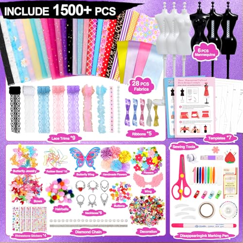 Sunrad 1500+ PCS Fashion Designer Kits for Girls with 6 Mannequins, DIY Arts & Crafts Sewing Kit for Kids Doll Clothes Making Toys, Birthday Gifts for Girls Age 6 7 8 9 10 11 12+ - Image 2