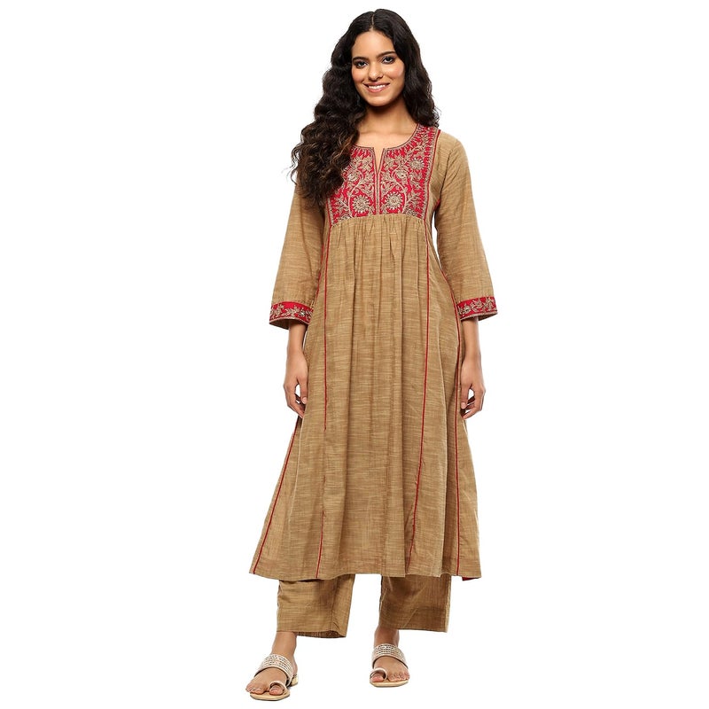 Biba Women's Khaki Cotton Gathered Suit Set_38 - Image 4