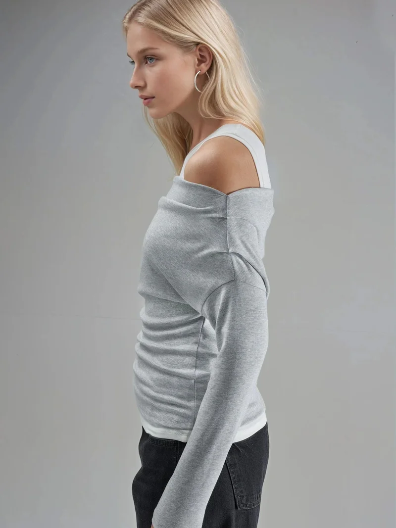 HICCUP Soft Touch Crew Neck Long Sleeve Double Layer Knit Blouse
