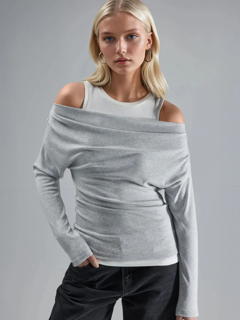 HICCUP Soft Touch Crew Neck Long Sleeve Double Layer Knit Blouse