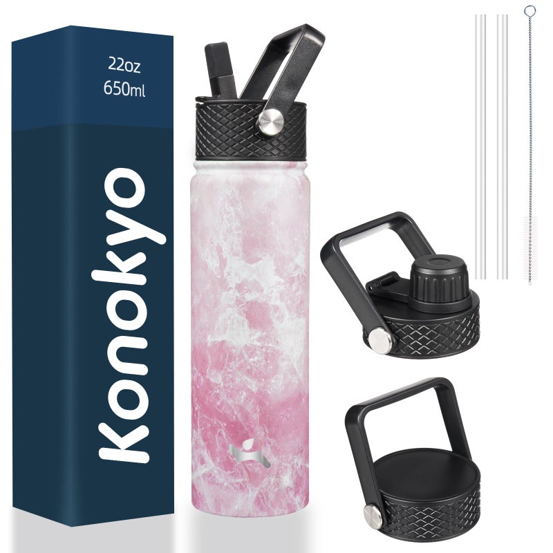 Konokyo 22oz Stainless Steel Bottles with 3 Lids Sport Insulated Water Bottle,Marble Blossom - Image 1