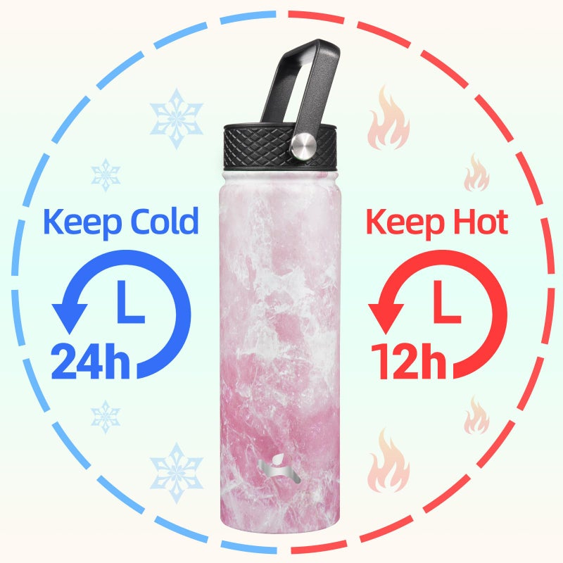 Konokyo 22oz Stainless Steel Bottles with 3 Lids Sport Insulated Water Bottle,Marble Blossom - Image 2