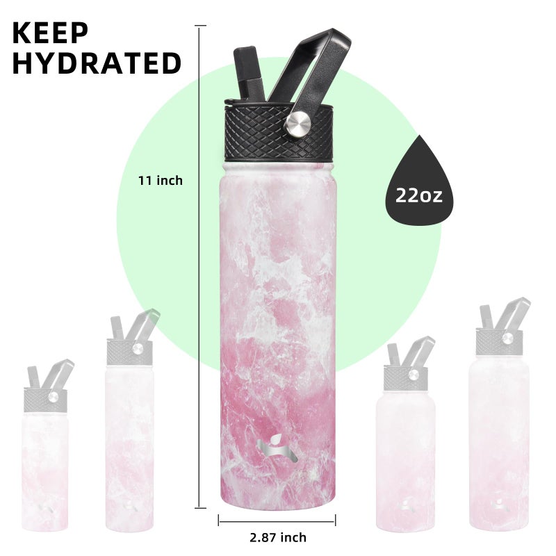 Konokyo 22oz Stainless Steel Bottles with 3 Lids Sport Insulated Water Bottle,Marble Blossom - Image 5