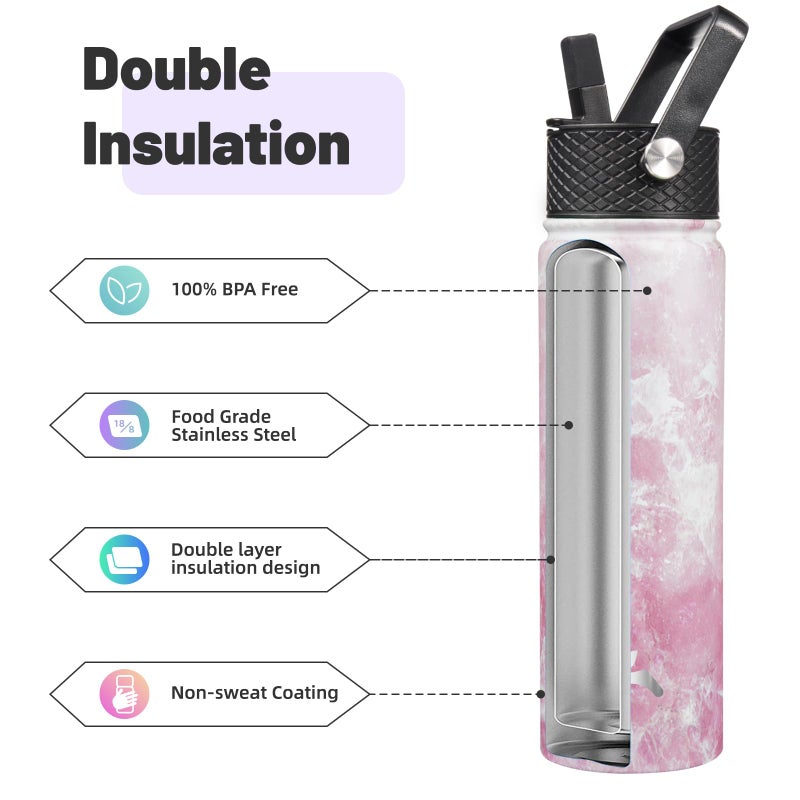 Konokyo 22oz Stainless Steel Bottles with 3 Lids Sport Insulated Water Bottle,Marble Blossom - Image 4