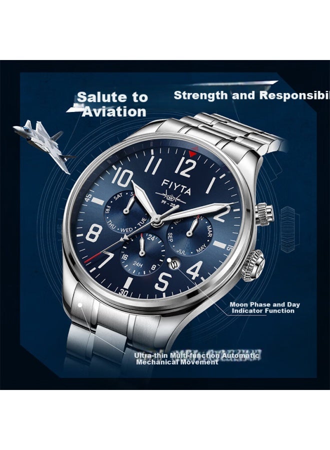Fiyta Mach J-20 Special Commemorative Edition Men's Mechanical Watch With Blue Dial And Steel Strap, Holiday Gift - Image 1