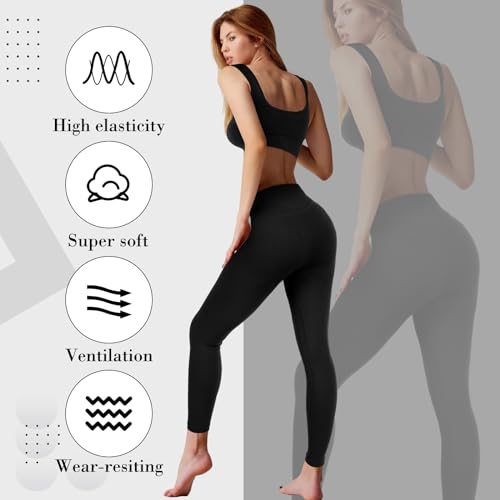 Floraltop طقم تمارين نسائي مكون من 4 قطع - طقم بيلاتس - حمالة صدر رياضية بياقة دائرية - شورتات - ليجنز - ملابس رياضية (أسود، كبير) - Image 3