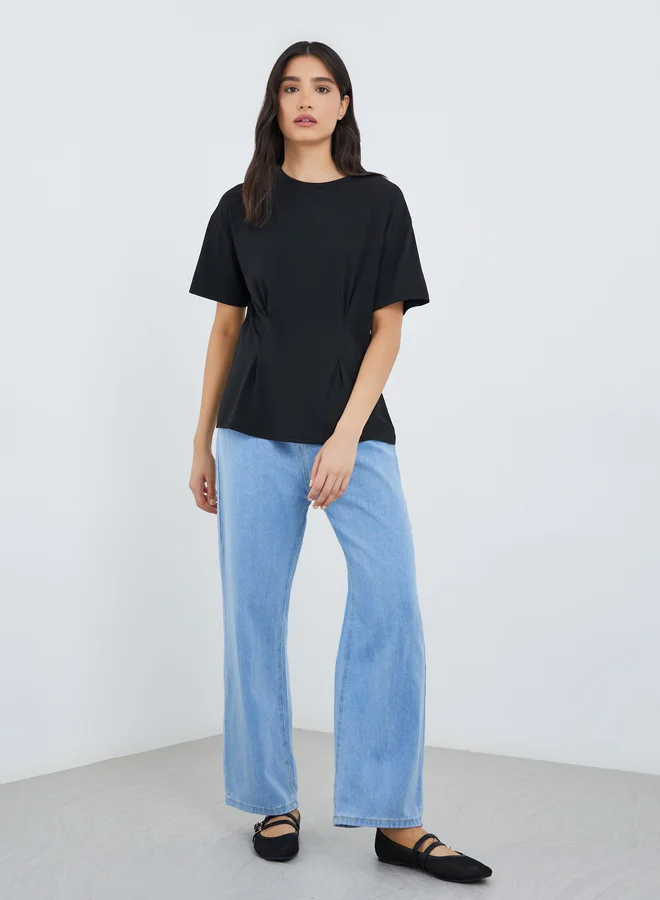Take Two Take Two Black Pleated Waist Detail Round Neck T-Shirt