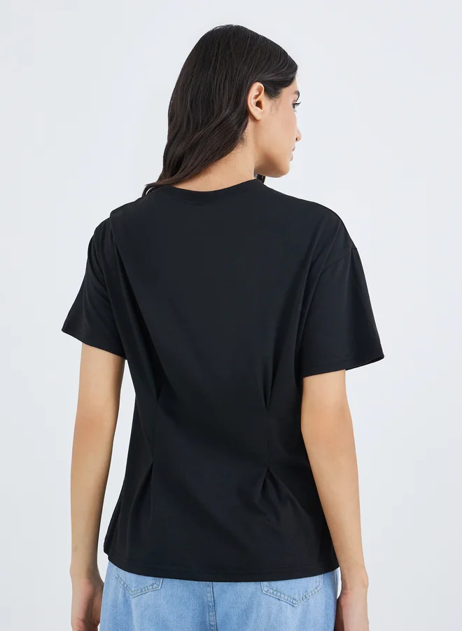Take Two Take Two Black Pleated Waist Detail Round Neck T-Shirt
