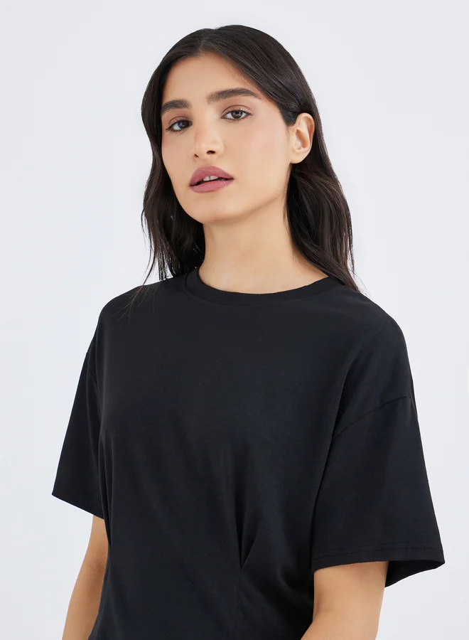 Take Two Take Two Black Pleated Waist Detail Round Neck T-Shirt