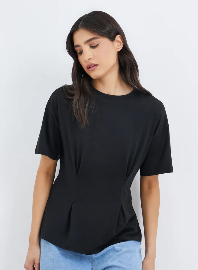 Take Two Take Two Black Pleated Waist Detail Round Neck T-Shirt