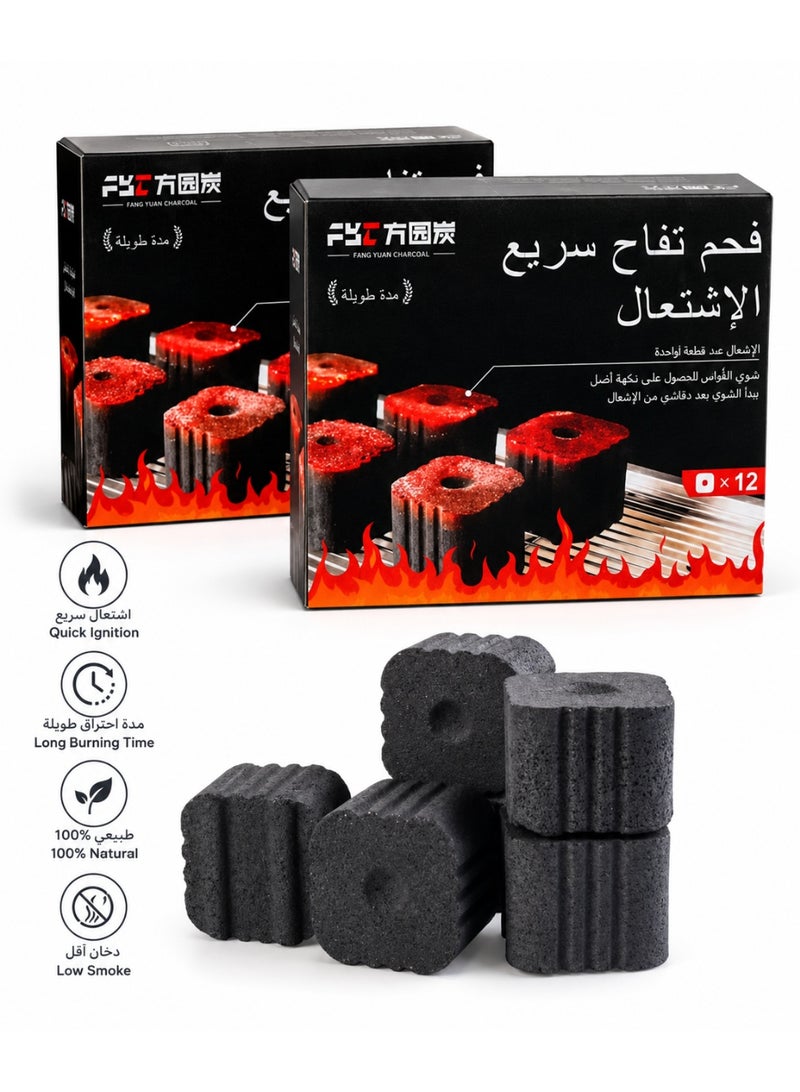 أف واي سي فحم أرجيلة ذاتي الاشتعال - عبوتان (12 قرصًا لكل عبوة) | سريع الاشتعال، احتراق طويل، دخان أقل للشيشة والشواء - Image 1