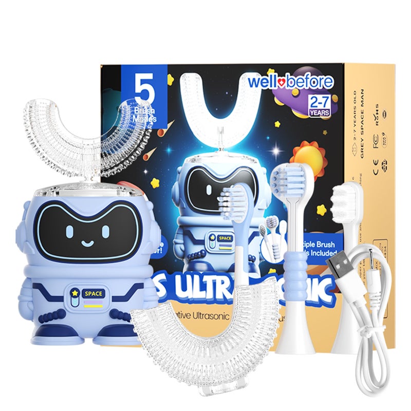 Well Before Kids U Shaped Electric Toothbrush with 5 Brush Heads, Ultrasonic, 5 Modes, IPX7 Waterproof Design (Spaceman, Blue Ages 2-7) - Image 1