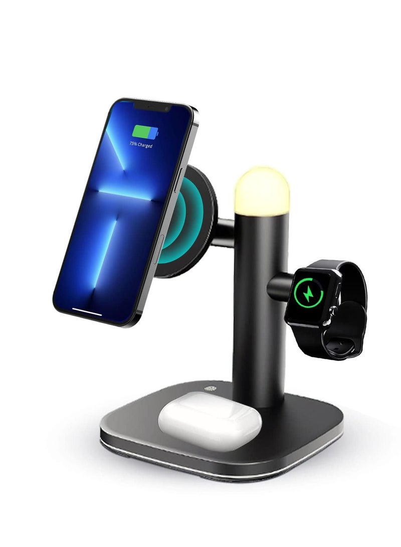 Excefore Magnetic Wireless Charger Stand, 4 in 1 Magnetic Charging Station for Apple, 15W Fast Magsafe Charger with Adjustable Night Light, for iPhone 13 -12 Series, for iWatch 7-2, for 3/2/Pro - Image 1