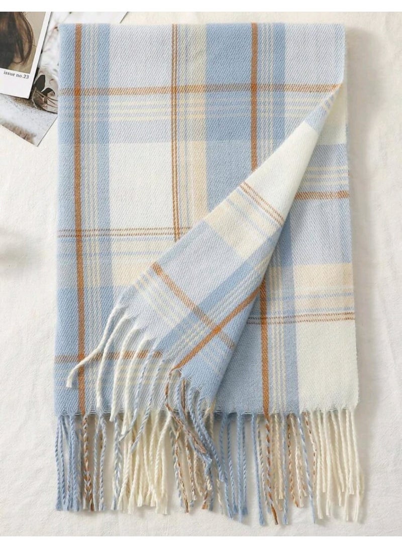 Shein 1pcMulti-color Grid Design Fringed Knitted Scarf For Warmth, Casual & Simple SHEIN - Image 4