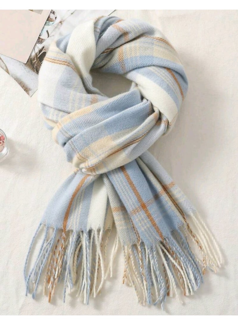 Shein 1pcMulti-color Grid Design Fringed Knitted Scarf For Warmth, Casual & Simple SHEIN - Image 5