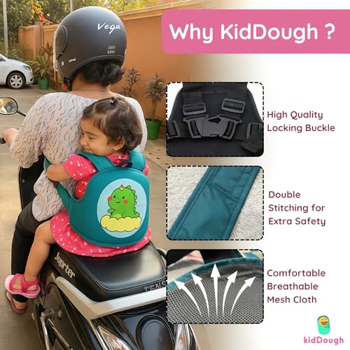 KidDough Baby Safety Belt for Kids | Two Wheeler Bike/Scooty Belt for Kids Safety, Child Harness Safety Belt with Adjustable Baby Carrier for Toddlers & Baby (Cartoon Green) - Image 3