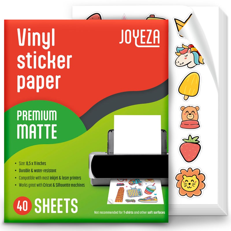 JOYEZA Premium Printable Vinyl Sticker Paper for Inkjet Printer - 40 Sheets Matte White Waterproof, Dries Quickly Vivid Colors, Holds Ink Well- Tear Resistant - Inkjet & Laser Printer - Image 1