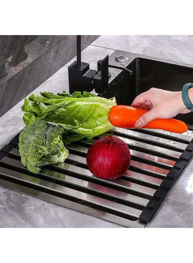 Foldable Stainless Steel Dish Drying Rack 12.8 by 21.65 Inch Silicone Wrapped Multipurpose Drainer for Kitchen Sink Counter Roll Up Dryer Organizer - Image 1