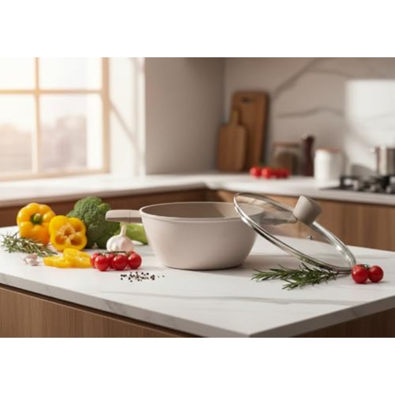 28cm Non-Stick Casserole with Lid Beige Aluminum Deep Kadai Style Pan Even Heat Distribution Gas Stove Compatible - Image 2