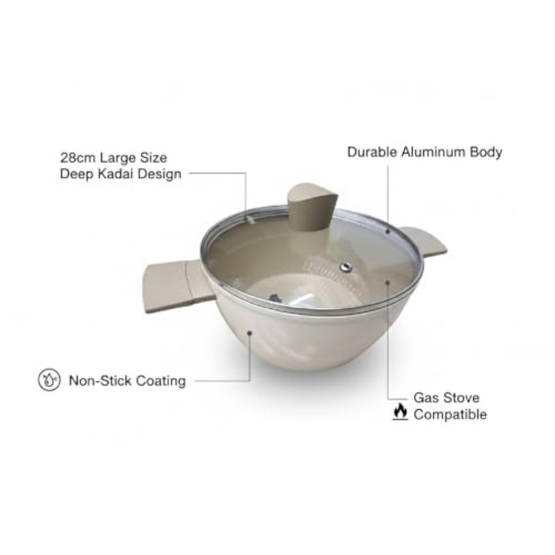 28cm Non-Stick Casserole with Lid Beige Aluminum Deep Kadai Style Pan Even Heat Distribution Gas Stove Compatible - Image 4