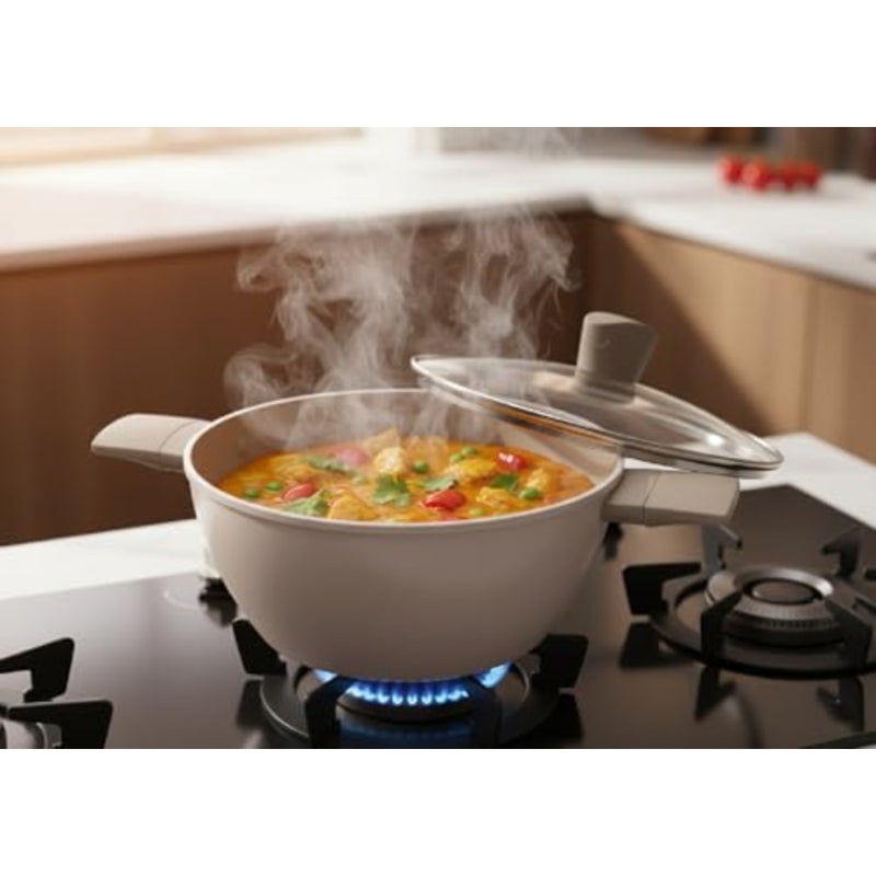 28cm Non-Stick Casserole with Lid Beige Aluminum Deep Kadai Style Pan Even Heat Distribution Gas Stove Compatible - Image 5