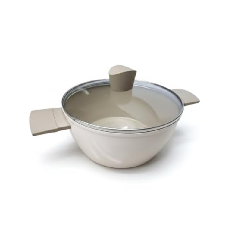 28cm Non-Stick Casserole with Lid Beige Aluminum Deep Kadai Style Pan Even Heat Distribution Gas Stove Compatible - Image 1