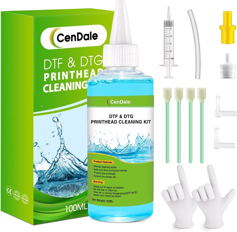 CenDale Premium DTF Printhead Cleaning Solution - Universal Printhead Cleaner Kit for Any DTF & DTG Printers, Print Head Cleaning Kit for Epson ET8550 L1800 XP15000 R1390 XP600 Ink Printer (100ML) - Image 1