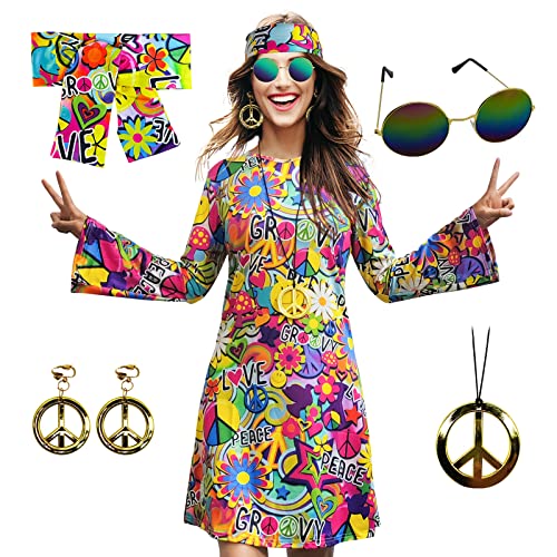 MRYUWB 70s Hippie Dress Costumes Necklace Earrings Sunglass Women Disco Outfit, 60s Party Costume, Halloween Retro Dresses (Love and Peace, M) - Image 1