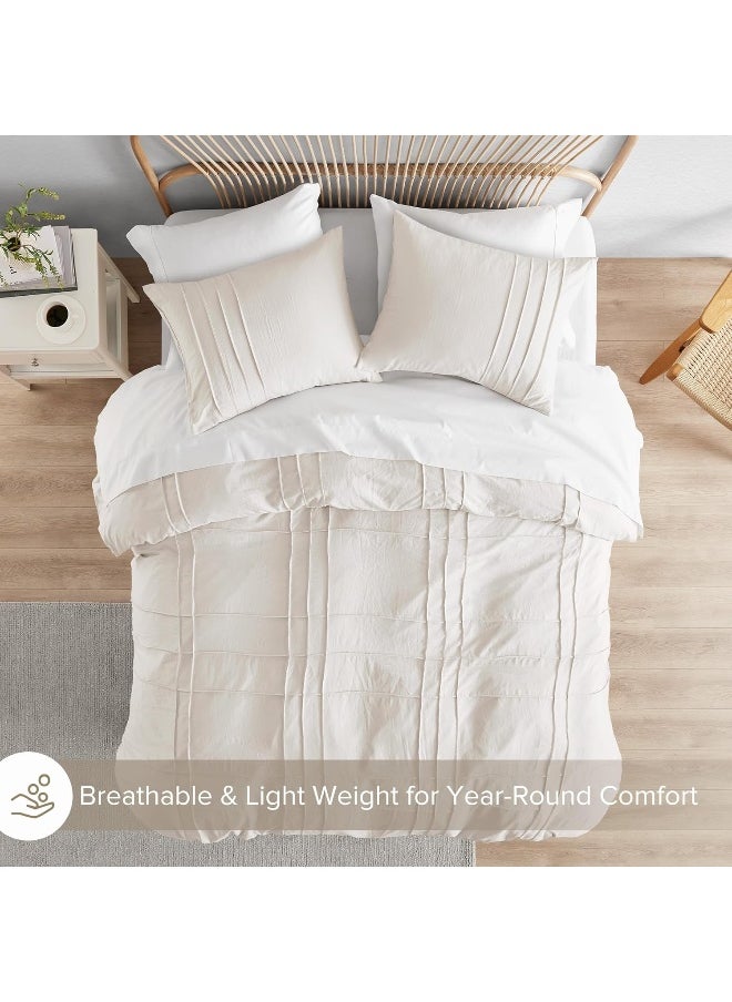 Comfort Spaces Comfort Spaces Cream Queen Duvet Cover Set - 3 Pieces Pintuck Pleated Farmhouse Duvet Cover  - Image 4