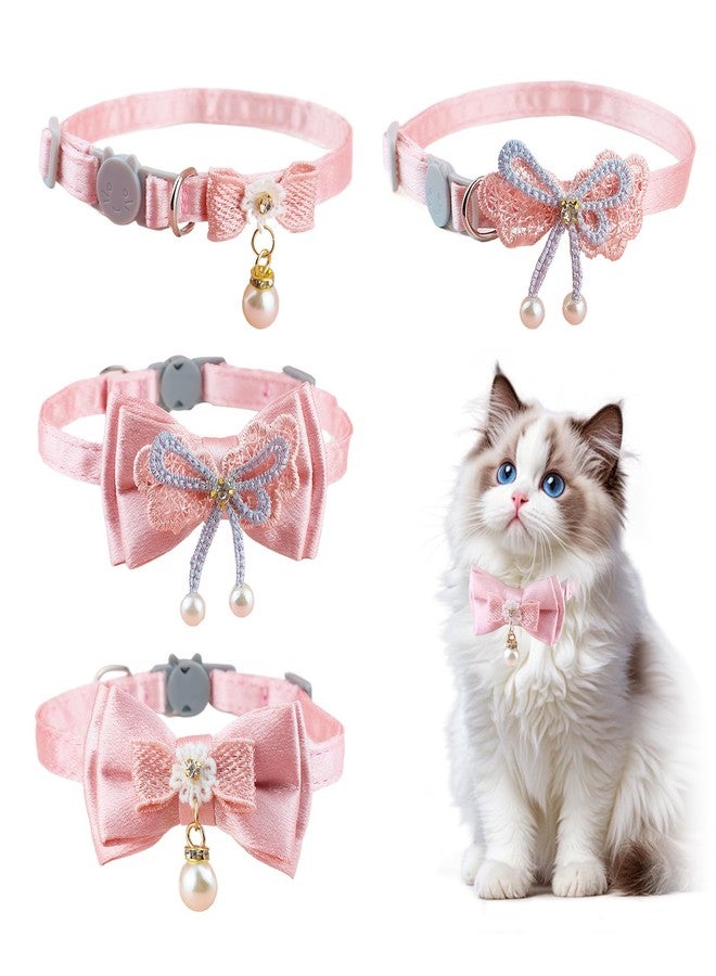 Waaqkid 4 PCS Cute Pearl Cat Collar Breakaway, Adjustable Pink Bow Girl Kitten Collar - Image 1