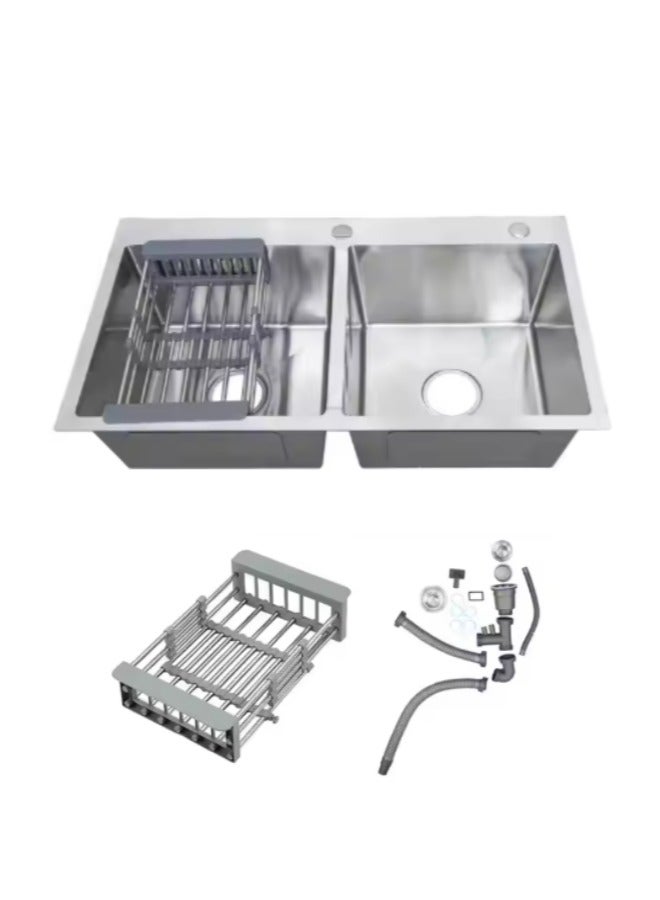 Wonderful-kitchens Silver Undermount Double Bowl Kitchen Sink with 2 hole only sink - Image 3