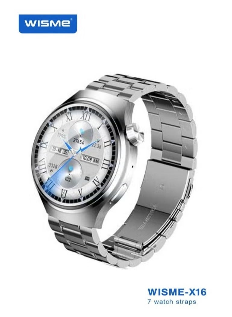 WISME X16 Round Shape Curved Display Smartwatch with 7 Pair Straps, Charging Cable, Designed for Men Silver - Image 1