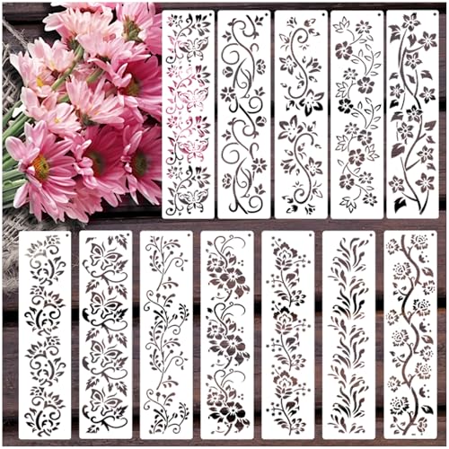 FFZDENA 12-PieceStencils for Craft and Art, Floral Painting Templates for DIY Home Decor, Cake Design, and Fabric Painting, Reusable Stencils - Image 1