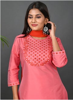 Riara Riara Embroidery Women Kurti With Pant And Dupatta Coral Paradise Round Neck S  - Image 3