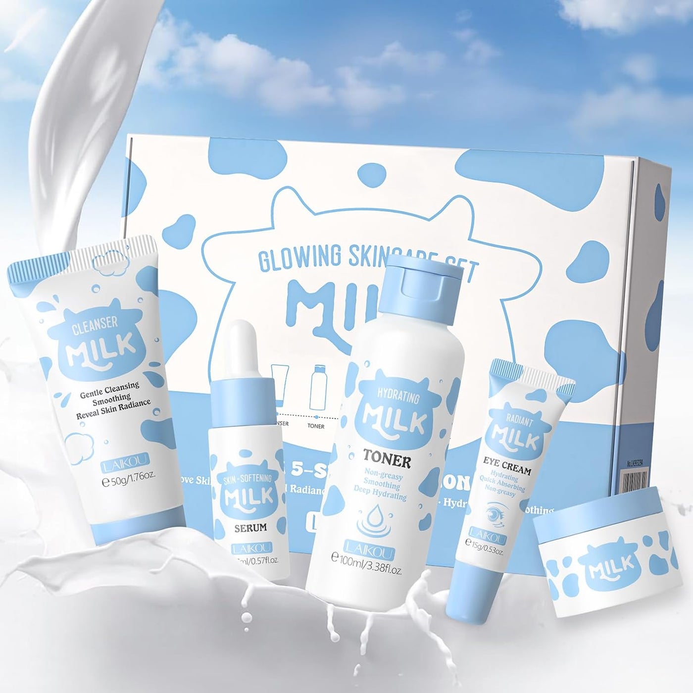 LAIKOU Milk Skincare Set Nourishing Skin Care Sets Kits Cleanser Toner Serum Eye Cream Moisturizer Pamper Gift Set for Teenage Girls Women Birthday Christmas Gift Travel Sized 5PCS