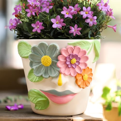 GUGUGO Unique Face Flower Plant Pots, Colorful Cute Succulent Planters with Drainage, Abstract Rainbow Head Flower Planters Pots for Indoor Plants, Funny Eclectic Home Décor (Blue&Pink, 5Inch) - Image 1