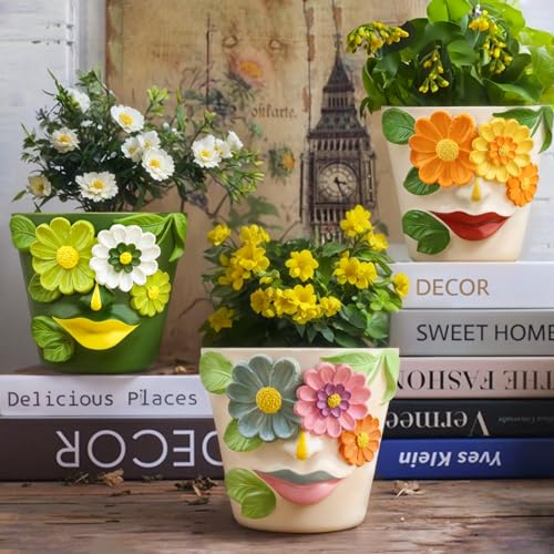 GUGUGO Unique Face Flower Plant Pots, Colorful Cute Succulent Planters with Drainage, Abstract Rainbow Head Flower Planters Pots for Indoor Plants, Funny Eclectic Home Décor (Blue&Pink, 5Inch) - Image 4