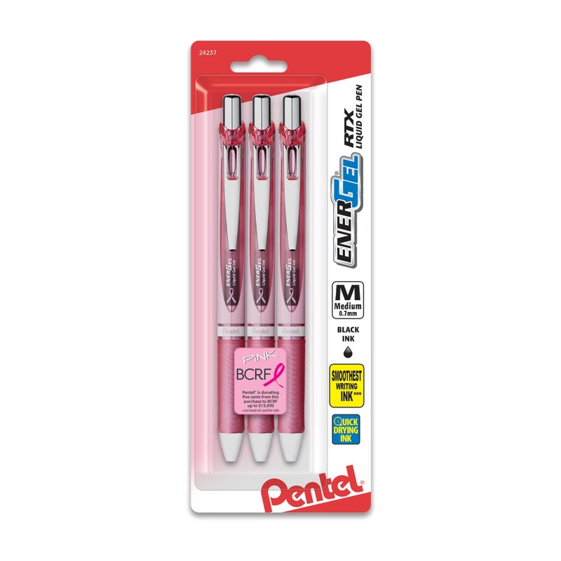 PentelÂ® EnerGelÂ® RTX Retractable Liquid Gel Pens, Medium Point, 0.7 mm, 54% Recycled, Assorted Barrel Colors, Black Ink, Pack Of 3 Pens - Image 1