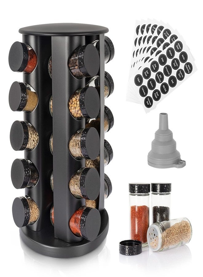 Tianifa Black Countertop Rotating Spice Rack, Round Empty 20-Jars Revolving Spice Rack Organizer, 135 Spice Labels with Funnel Complete Set, for Kitchen Countertop, Cabinet - Image 1