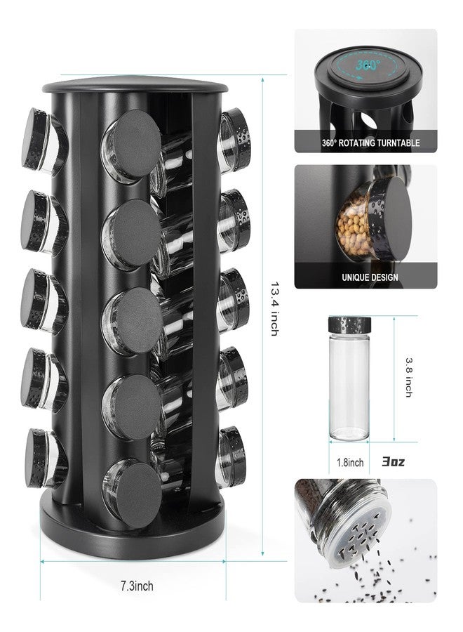 Tianifa Black Countertop Rotating Spice Rack, Round Empty 20-Jars Revolving Spice Rack Organizer, 135 Spice Labels with Funnel Complete Set, for Kitchen Countertop, Cabinet - Image 2