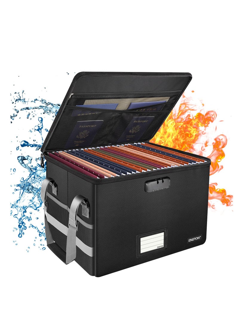 SYOSI File Box Fireproof Document Box with Lock, File Storage Organizer Box with Mesh Pockets & Handle, Collapsible Portable File Box Home Office File Cabinet for Letter/Legal Folder (Black) - Image 1