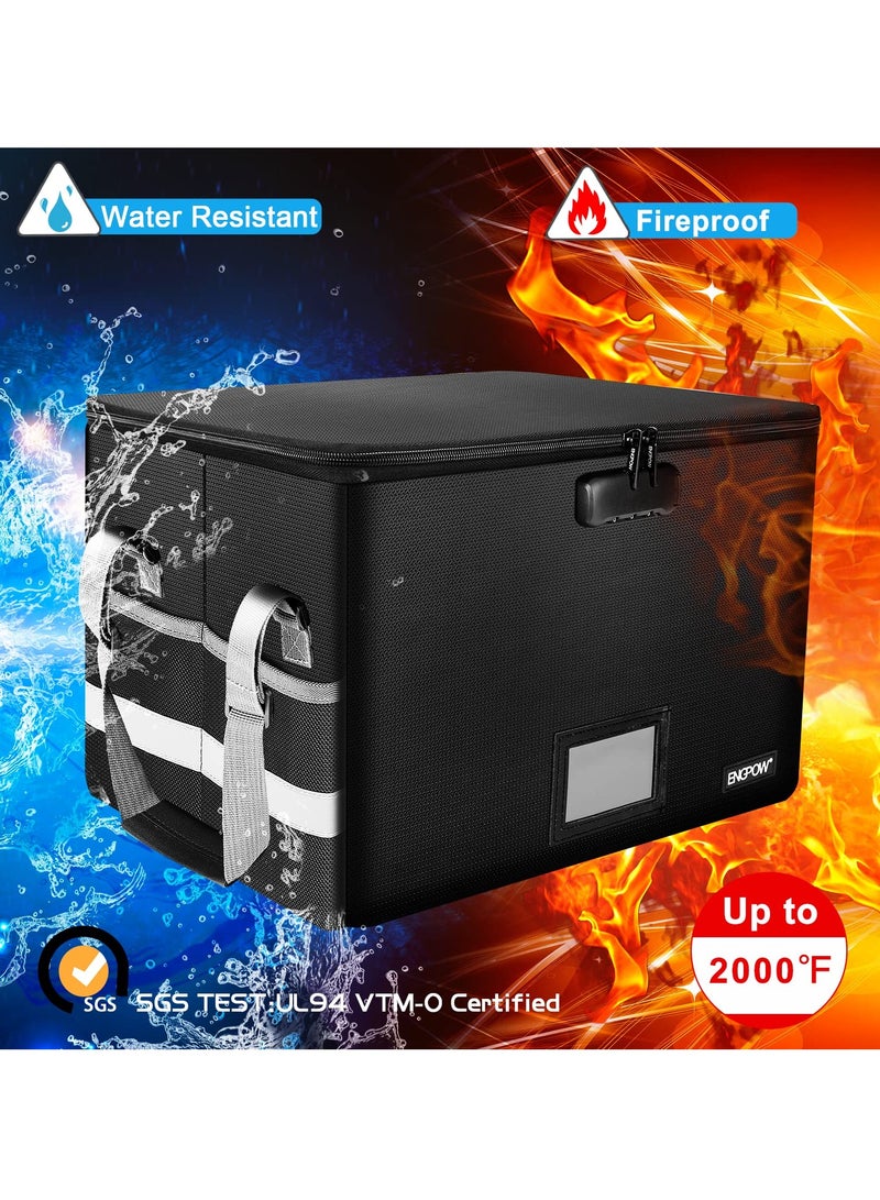 SYOSI File Box Fireproof Document Box with Lock, File Storage Organizer Box with Mesh Pockets & Handle, Collapsible Portable File Box Home Office File Cabinet for Letter/Legal Folder (Black) - Image 2
