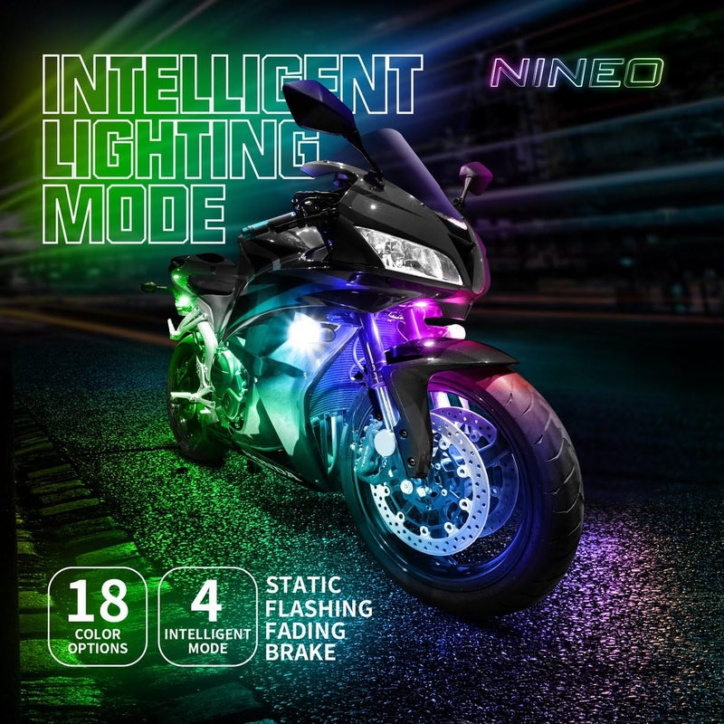 NINEO 8PCS Motorcycle RGB Led Light Kit, Multi-Color Atmosphere Underglow Lights with Memory Function and Red Brake Light, Fit for Most Family Motorcycles Carts Trikes ATV UTV - Image 4