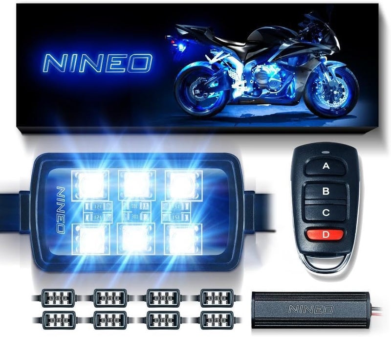 NINEO 8PCS Motorcycle RGB Led Light Kit, Multi-Color Atmosphere Underglow Lights with Memory Function and Red Brake Light, Fit for Most Family Motorcycles Carts Trikes ATV UTV - Image 1