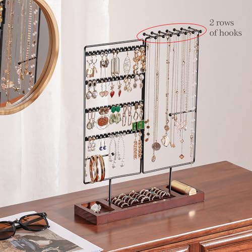 ProCase Jewelry Organizer Stand Earring Holder Organizer, 6 Tiers Earring Organizer Tree Necklace Rack Jewellery Tower Bracelets Holder Storage with Removable Wooden Ring Tray for Women Girls -Black - Image 4