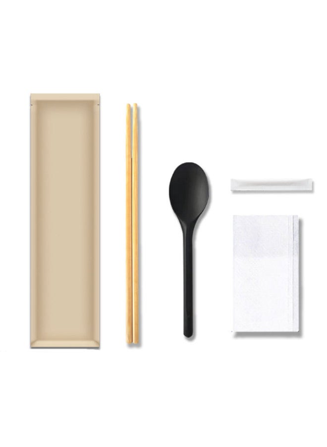 Generic - Factory Disposable Chopsticks Four-piece Kraft Paper Tableware Set Takeaway Tableware Package Set Four-in-one Logo-Color:Jinlu Composite Film Three-sided Seal Twin Chopsticks KFC Spoon 300 Sets - Image 1