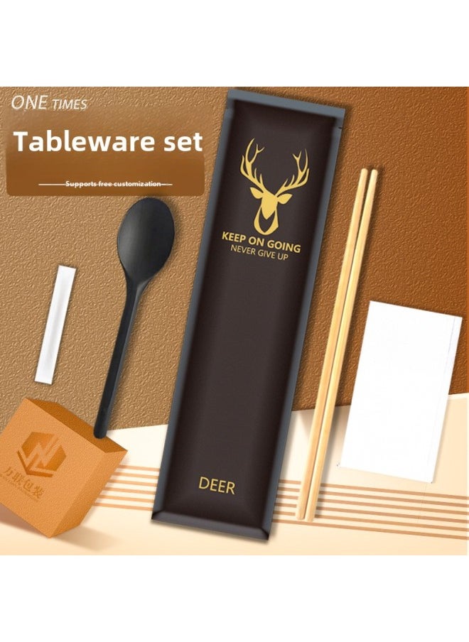 Generic - Factory Disposable Chopsticks Four-piece Kraft Paper Tableware Set Takeaway Tableware Package Set Four-in-one Logo-Color:Jinlu Composite Film Three-sided Seal Twin Chopsticks KFC Spoon 300 Sets - Image 1