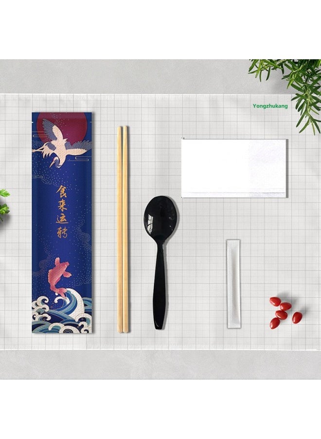 Generic - Factory Disposable Chopsticks Four-piece Kraft Paper Tableware Set Takeaway Tableware Package Set Four-in-one Logo-Color:Jinlu Composite Film Three-sided Seal Twin Chopsticks KFC Spoon 300 Sets - Image 1